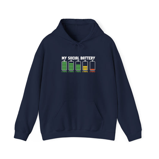 Front view of a navy blue hoodie featuring the text "My Social Battery" with a series of battery icons decreasing from full to empty. Part of the Vivid Divergence Sensory Friendly Unisex Hoodie Range.
