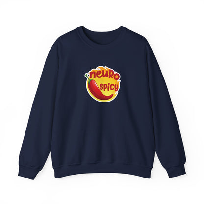 Front view of a navy blue sweater jumper featuring a red chili pepper graphic with the text "Neuro-Spicy" in bold yellow lettering. Part of the Vivid Divergence Sensory Friendly Unisex Sweater Jumper Range.