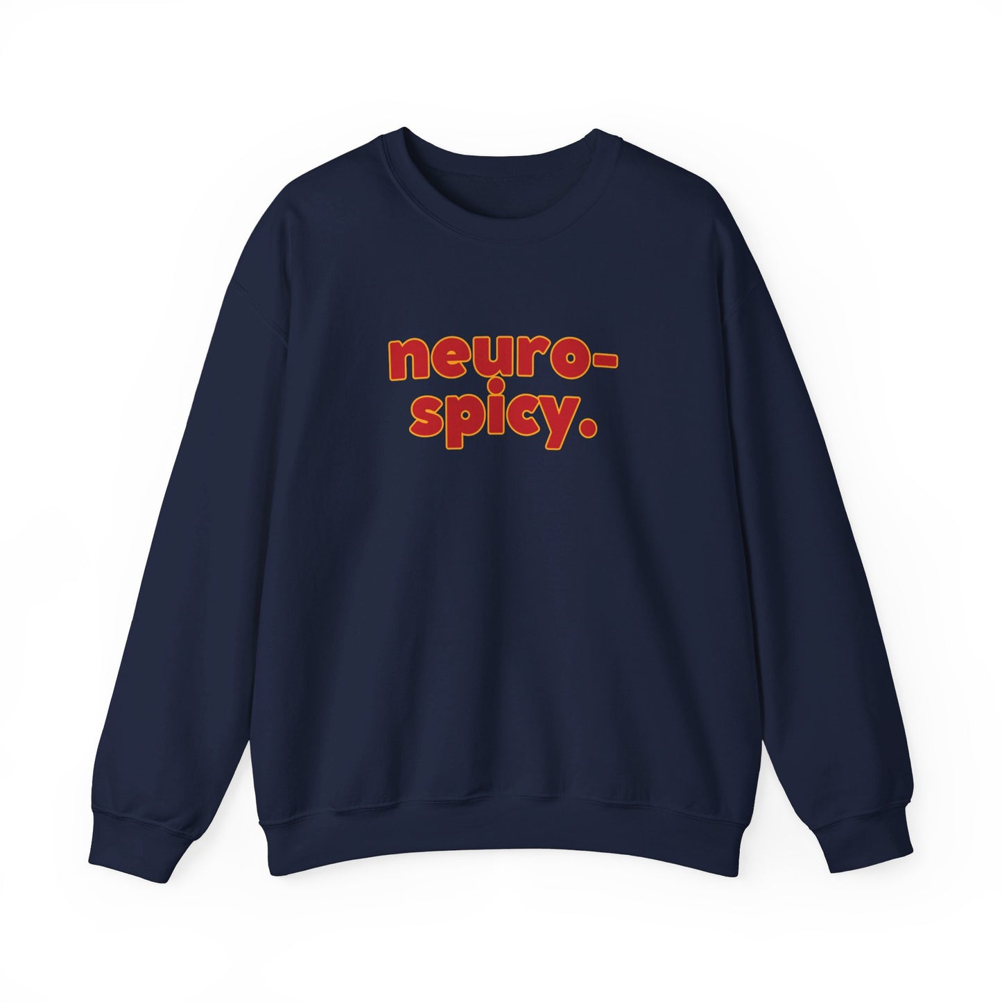 Front view of a navy blue sweater jumper with the text "neuro-spicy." in bold red lettering. Part of the Vivid Divergence Sensory Friendly Unisex Sweater Jumper Range.