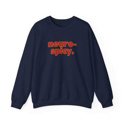 Front view of a navy blue sweater jumper with the text "neuro-spicy." in bold red lettering. Part of the Vivid Divergence Sensory Friendly Unisex Sweater Jumper Range.