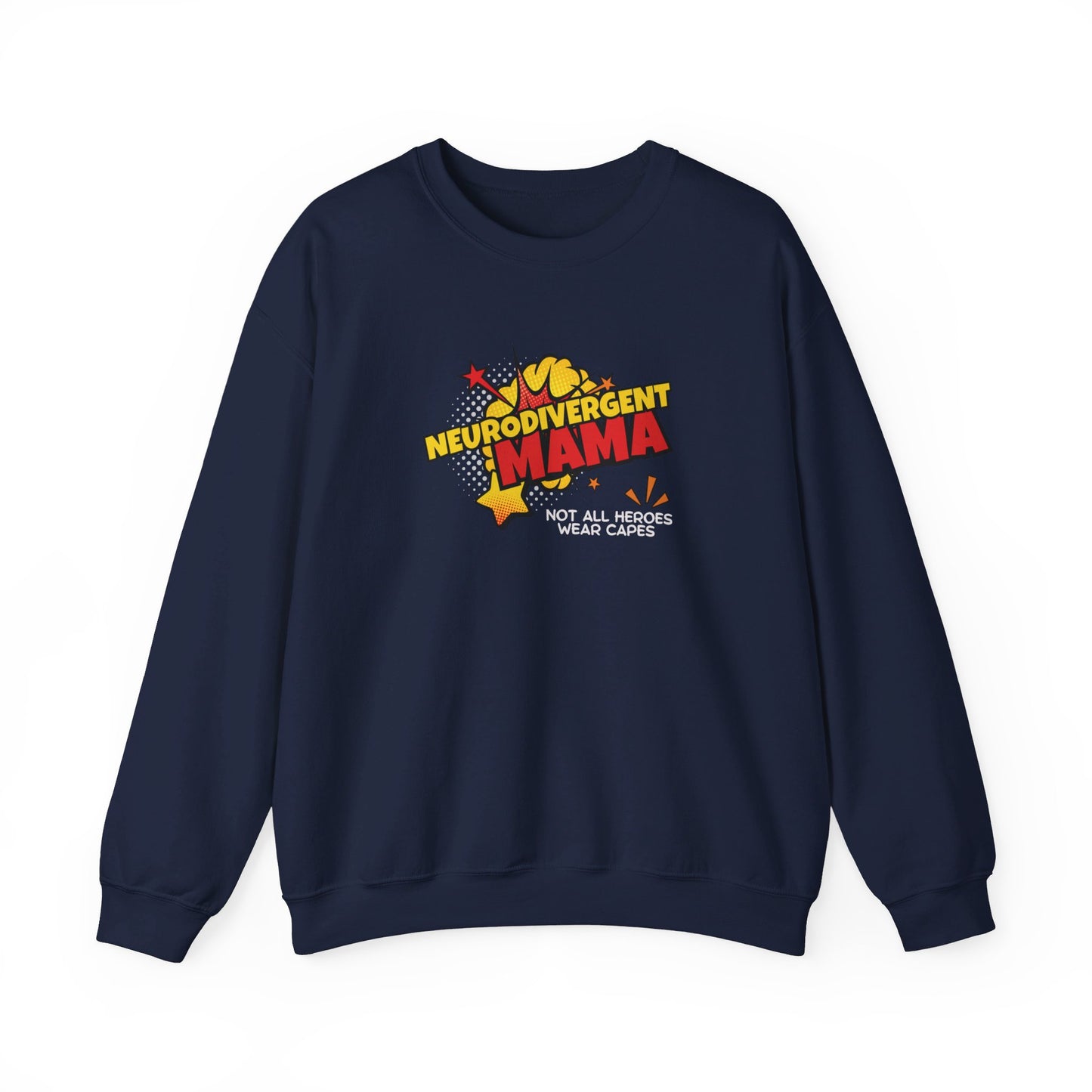 Front view of a navy blue sweater jumper with the text "Neurodivergent Mama" in bold yellow and red lettering, surrounded by starburst graphics. Part of the Vivid Divergence Sensory Friendly Unisex Sweater Jumper Range.