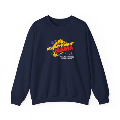 Front view of a navy blue sweater jumper with the text "Neurodivergent Mama" in bold yellow and red lettering, surrounded by starburst graphics. Part of the Vivid Divergence Sensory Friendly Unisex Sweater Jumper Range.