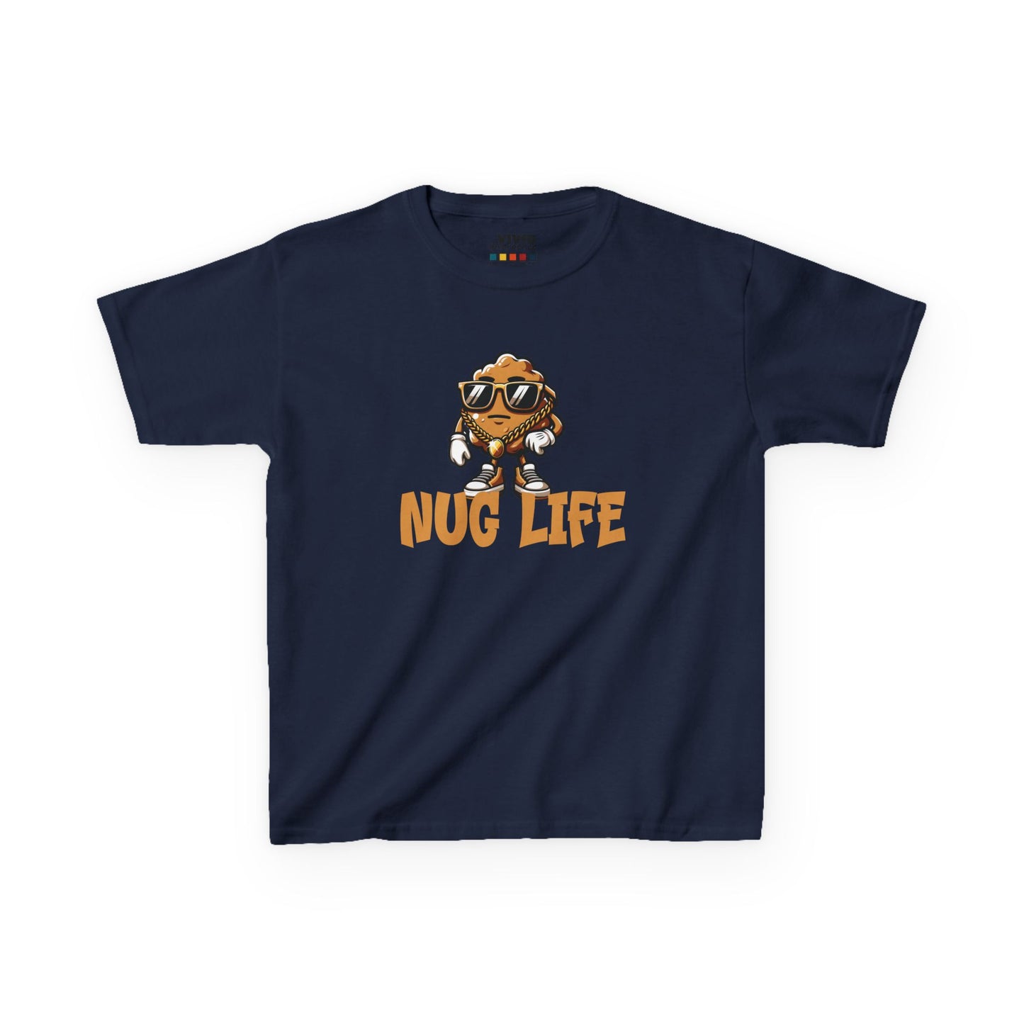 Front view of a navy blue "Nug Life" chicken nuggets kids T-shirt featuring a cool cartoon chicken nugget wearing sunglasses. Part of the Vivid Divergence Sensory Friendly Kids Shirts Range. The perfect T-shirt for sensory-sensitive kids and comes with a Sensory Satisfaction Promise.