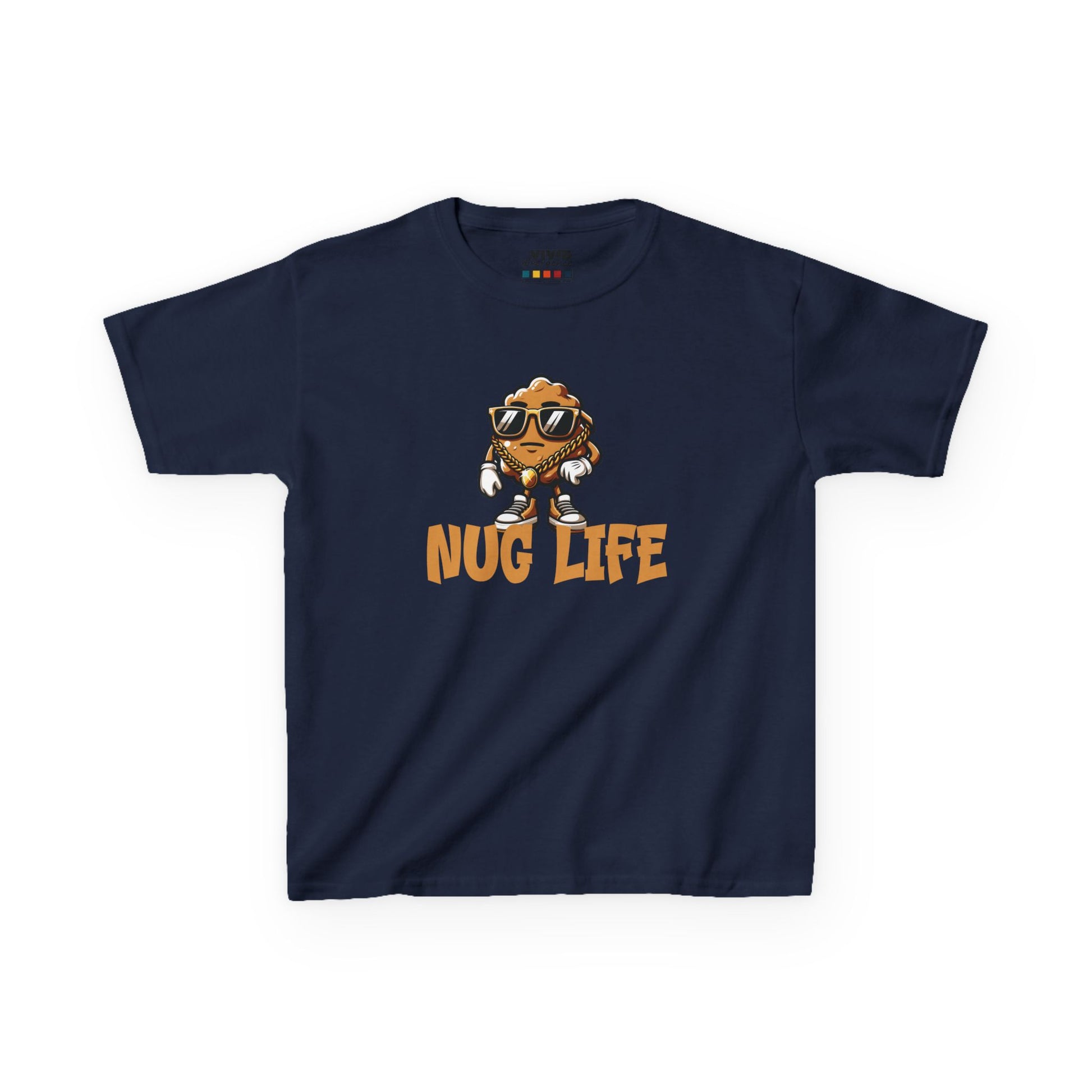 Front view of a navy blue "Nug Life" chicken nuggets kids T-shirt featuring a cool cartoon chicken nugget wearing sunglasses. Part of the Vivid Divergence Sensory Friendly Kids Shirts Range. The perfect T-shirt for sensory-sensitive kids and comes with a Sensory Satisfaction Promise.