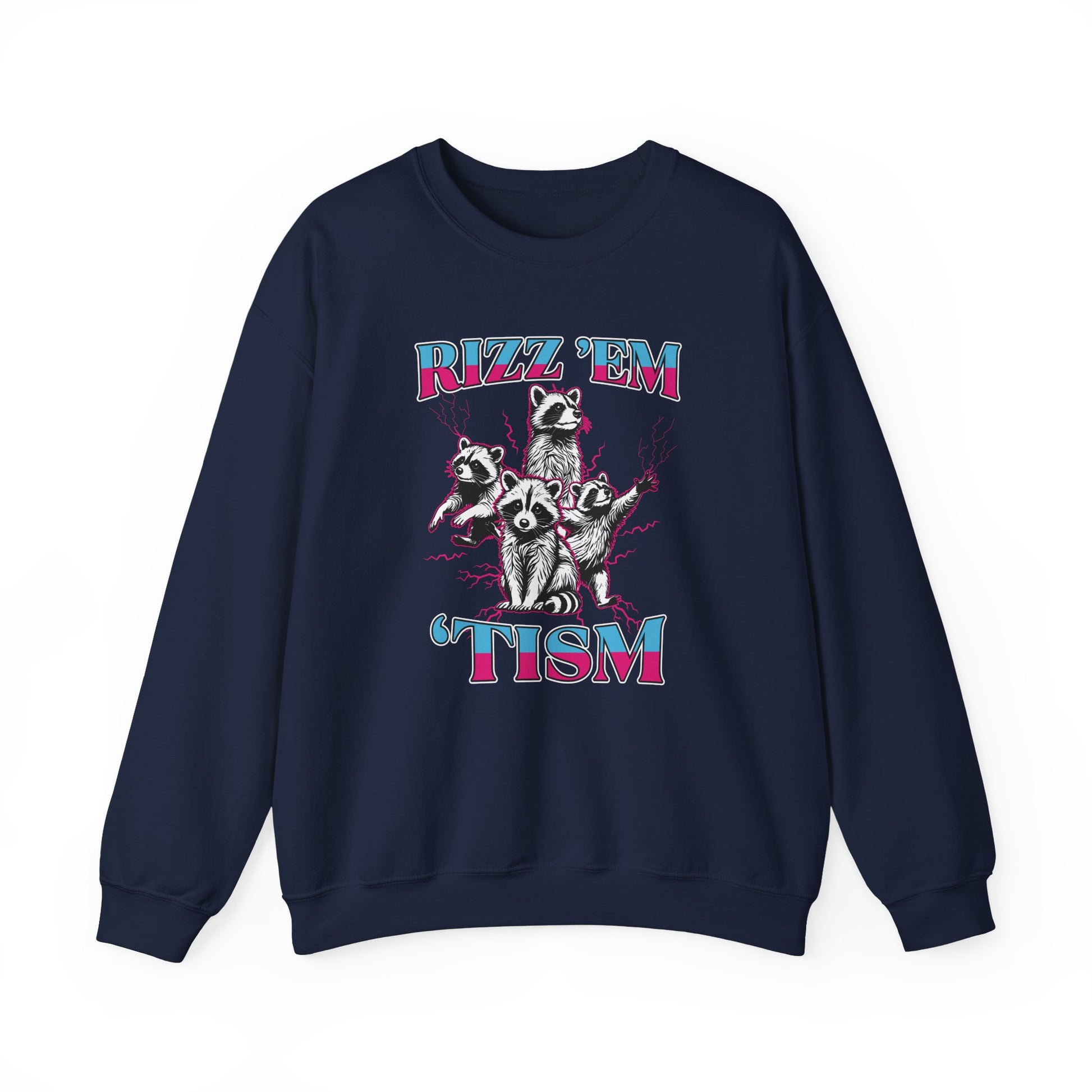 Front view of a navy blue sweater jumper with the text "Rizz 'Em 'Tism" and a cartoon raccoon illustration striking a pose. Part of the Vivid Divergence Sensory Friendly Unisex Sweater Jumper Range.