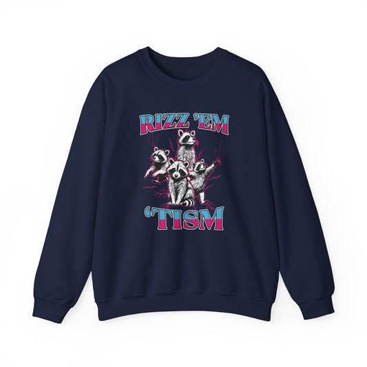 Front view of a navy blue sweater jumper with the text "Rizz 'Em 'Tism" and a cartoon raccoon illustration striking a pose. Part of the Vivid Divergence Sensory Friendly Unisex Sweater Jumper Range.