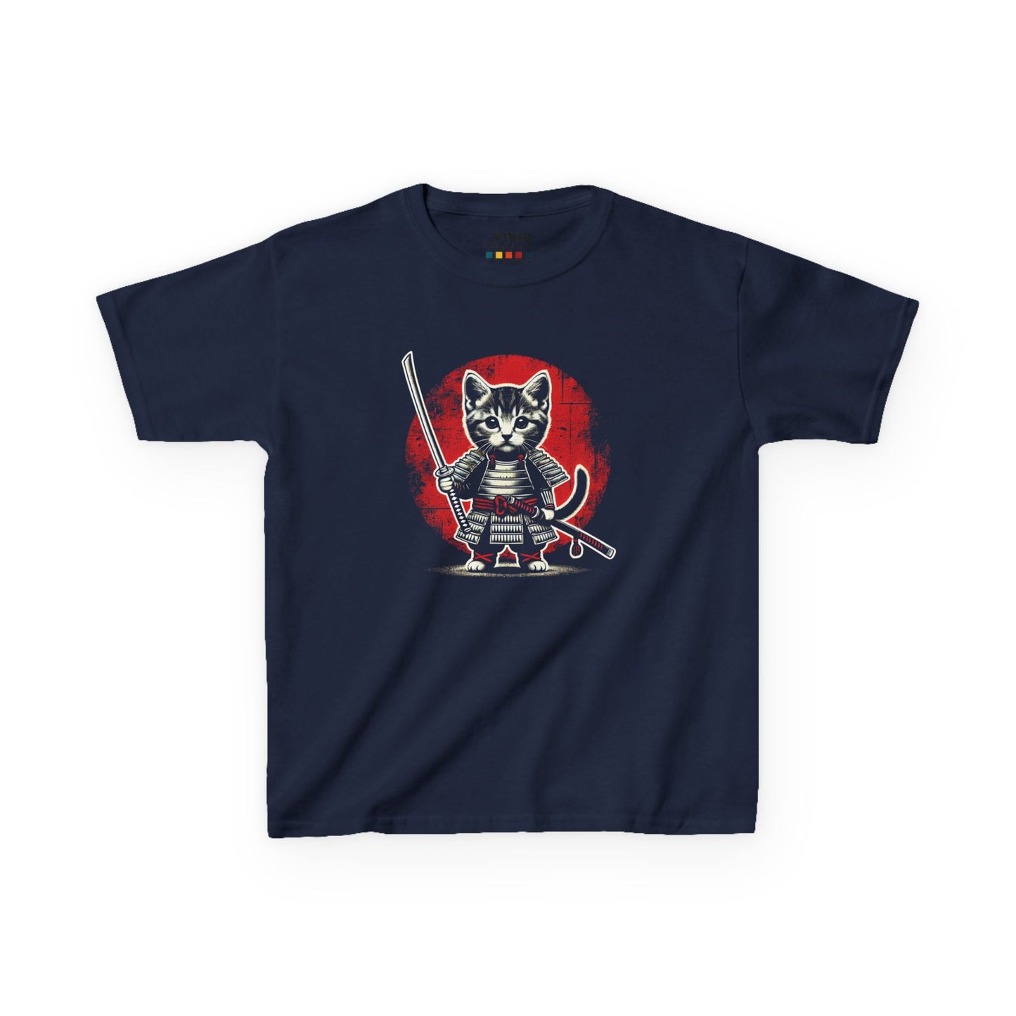 Front view of a navy blue "Samurai Cat Warrior" kids T-shirt featuring a fierce cartoon cat dressed in samurai armor with a sword. Part of the Vivid Divergence Sensory Friendly Kids Shirts Range. The perfect T-shirt for sensory-sensitive kids and comes with a Sensory Satisfaction Promise.