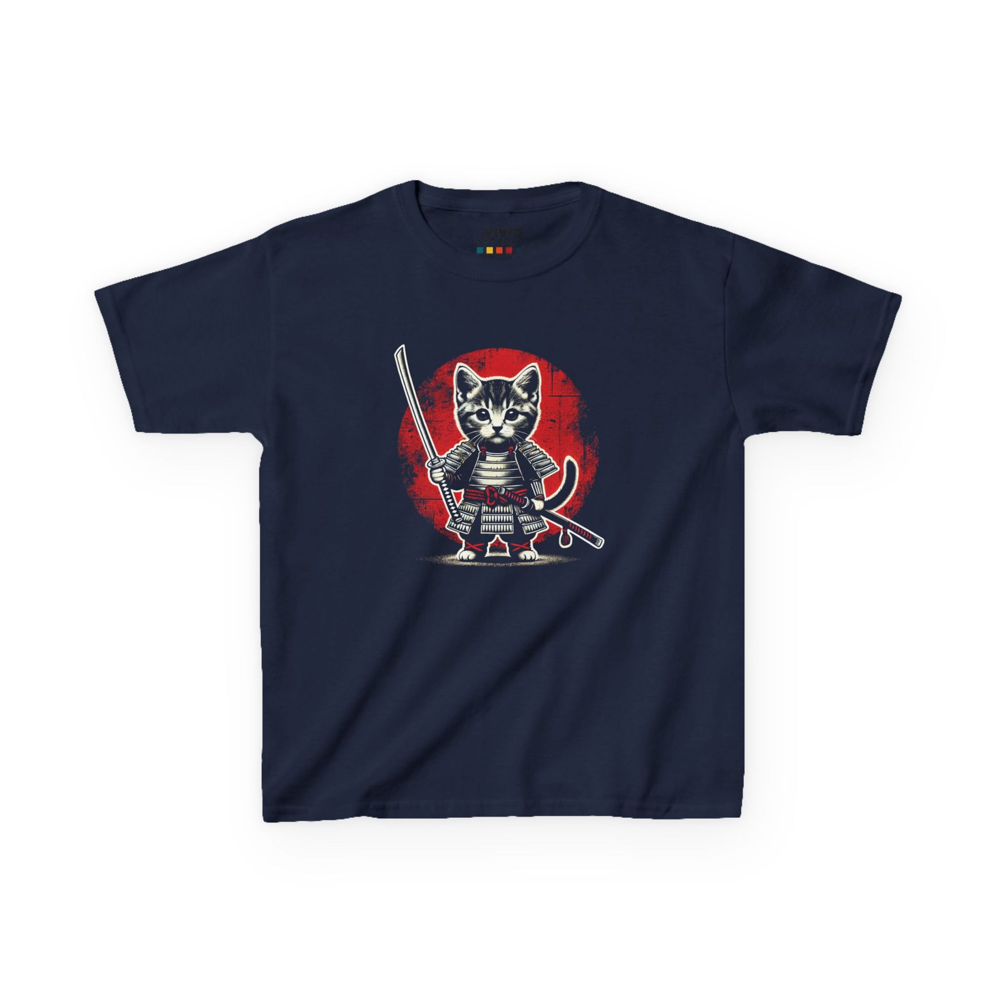 Front view of a navy blue "Samurai Cat Warrior" kids T-shirt featuring a fierce cartoon cat dressed in samurai armor with a sword. Part of the Vivid Divergence Sensory Friendly Kids Shirts Range. The perfect T-shirt for sensory-sensitive kids and comes with a Sensory Satisfaction Promise.