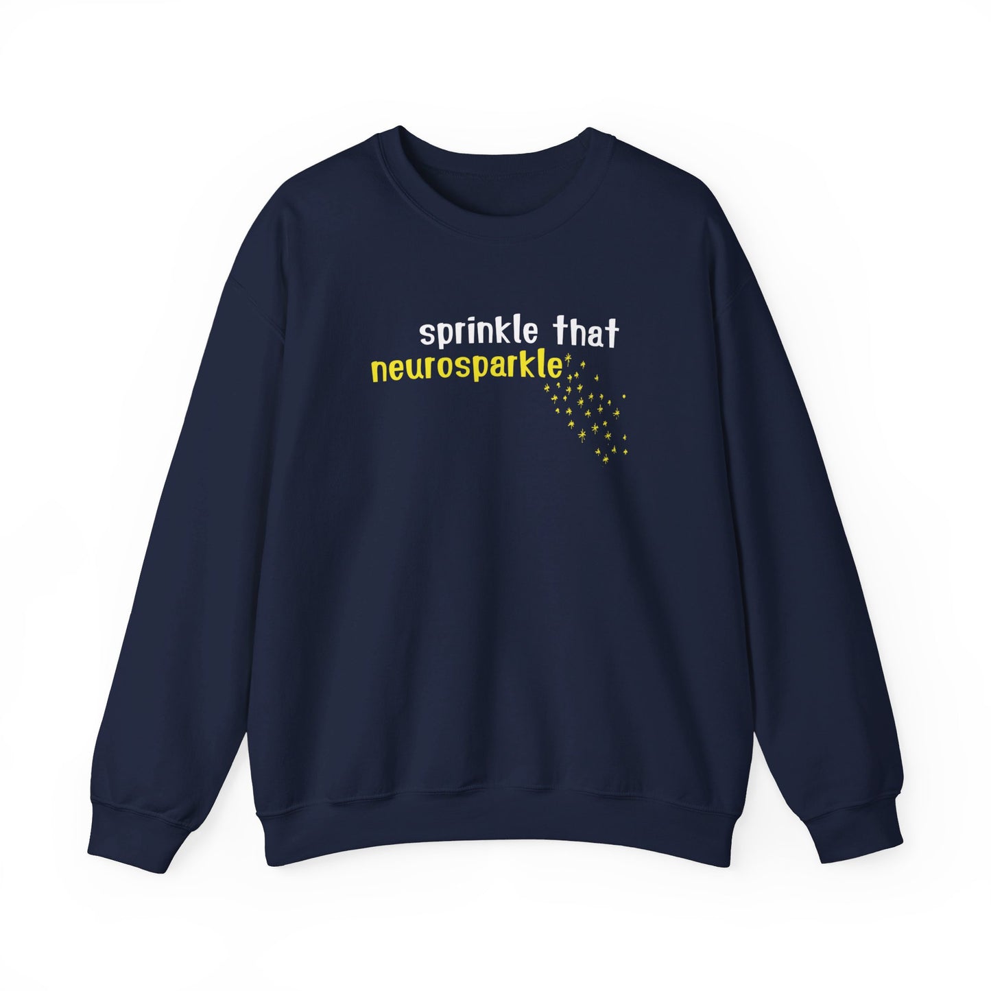 Front view of a navy blue sweater jumper with the text "Sprinkle That Neurosparkle" in yellow and white lettering, surrounded by sparkling star graphics. Part of the Vivid Divergence Sensory Friendly Unisex Sweater Jumper Range.