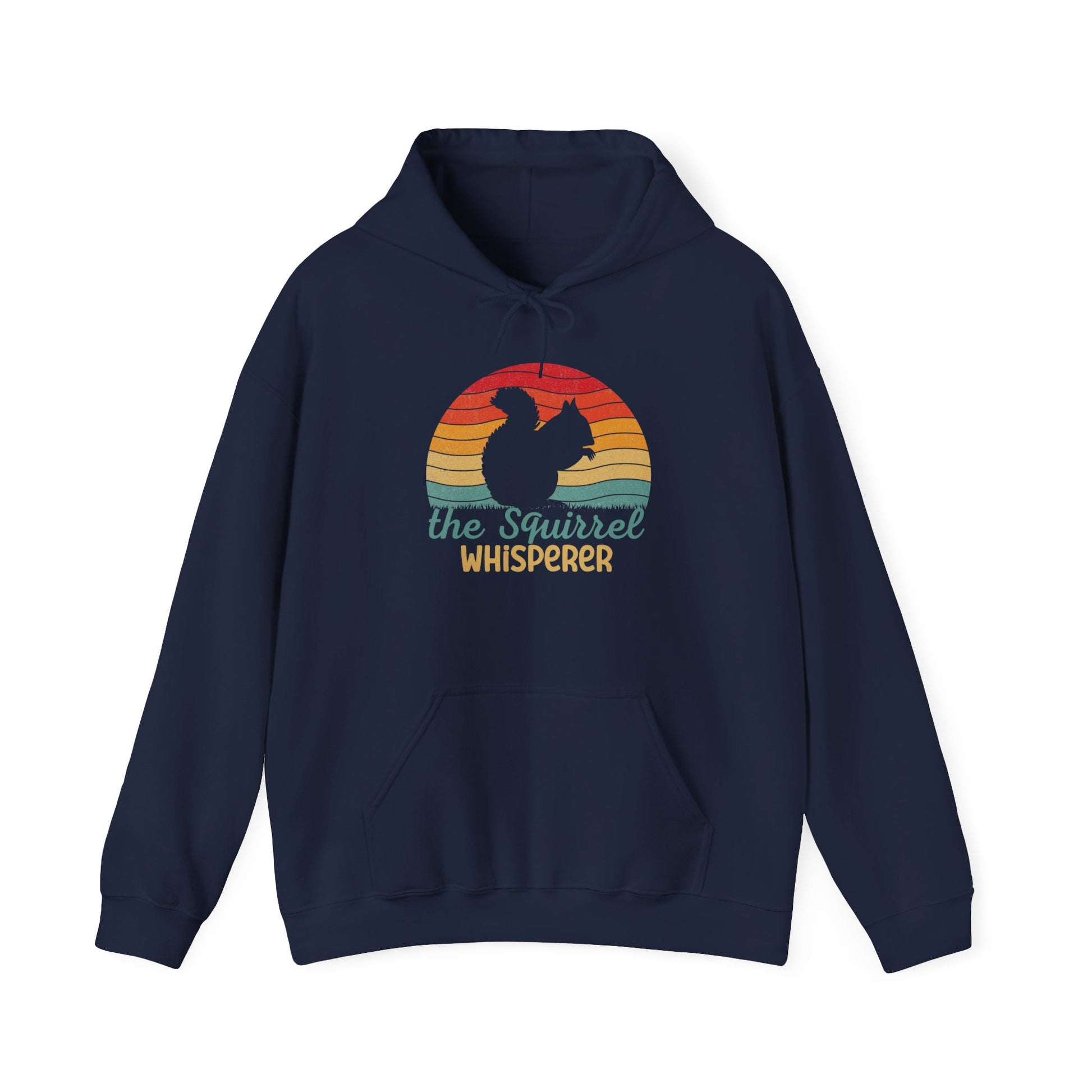 Front view of a navy blue hoodie featuring the text "Squirrel Whisperer" with an ADHD mascot design of a squirrel and a retro sunset background. Part of the Vivid Divergence Sensory Friendly Unisex Hoodie Range.