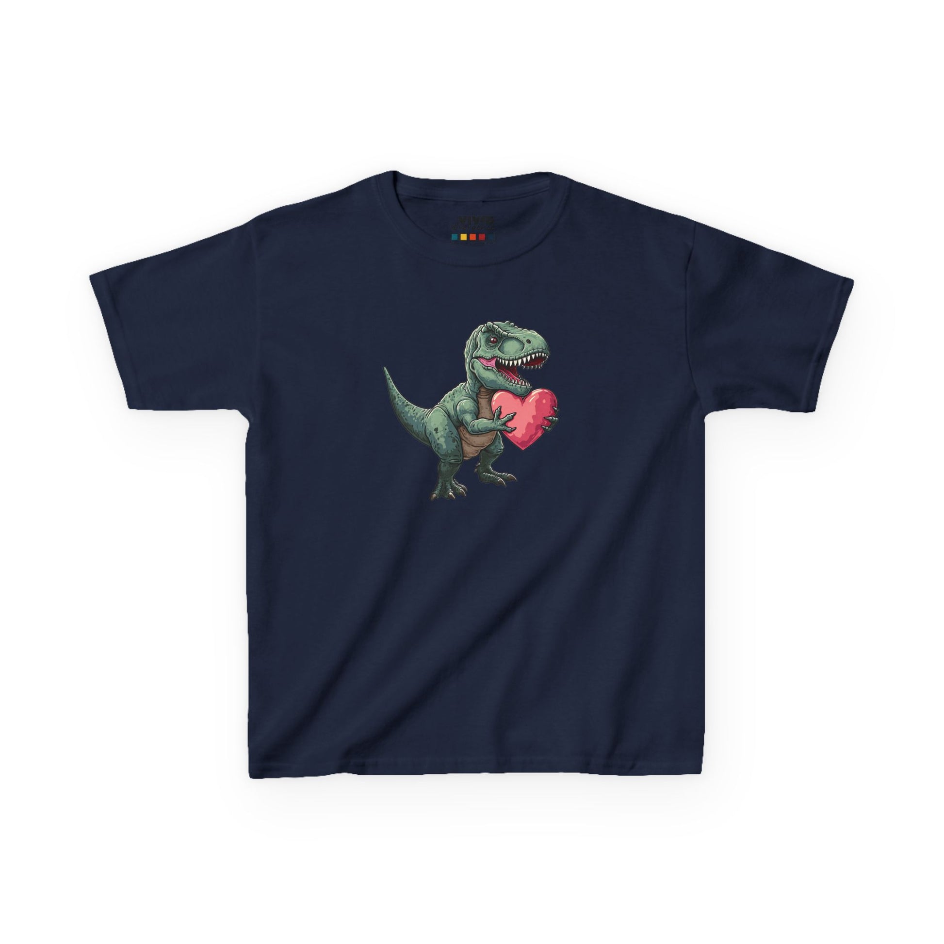 Front view of a navy blue T-Rex Love kids T-shirt with a cartoon dinosaur holding a heart. Part of the Vivid Divergence Sensory Friendly Kids Shirts Range. The perfect T-shirt for sensory-sensitive kids and comes with a Sensory Satisfaction Promise.