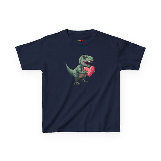 Front view of a navy blue T-Rex Love kids T-shirt with a cartoon dinosaur holding a heart. Part of the Vivid Divergence Sensory Friendly Kids Shirts Range. The perfect T-shirt for sensory-sensitive kids and comes with a Sensory Satisfaction Promise.