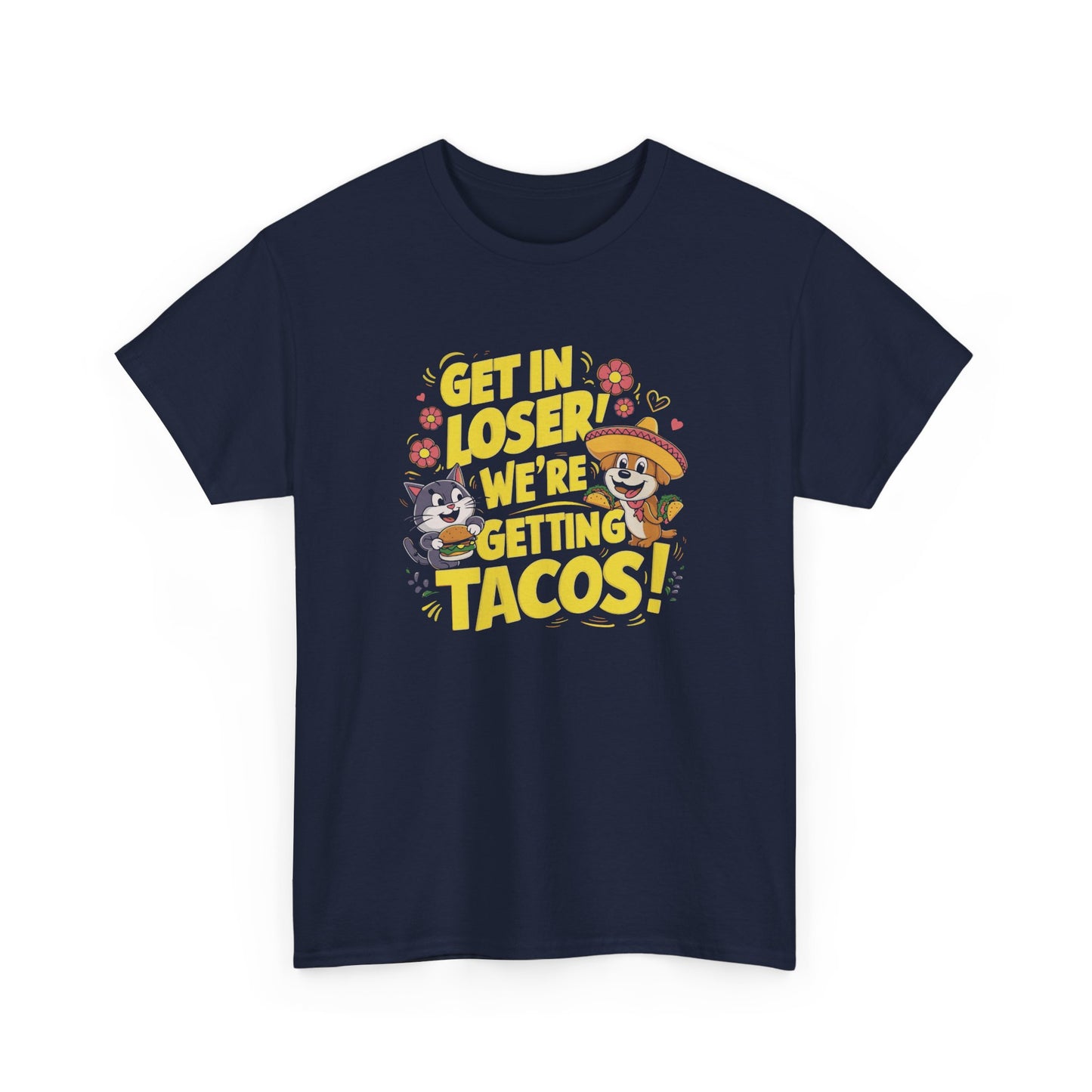 Front view of a navy blue T-shirt with colorful text and illustrations of cute animals in a car that reads "Get In Loser, We're Getting Tacos!" Part of the Vivid Divergence Sensory Friendly Unisex Tees Range.