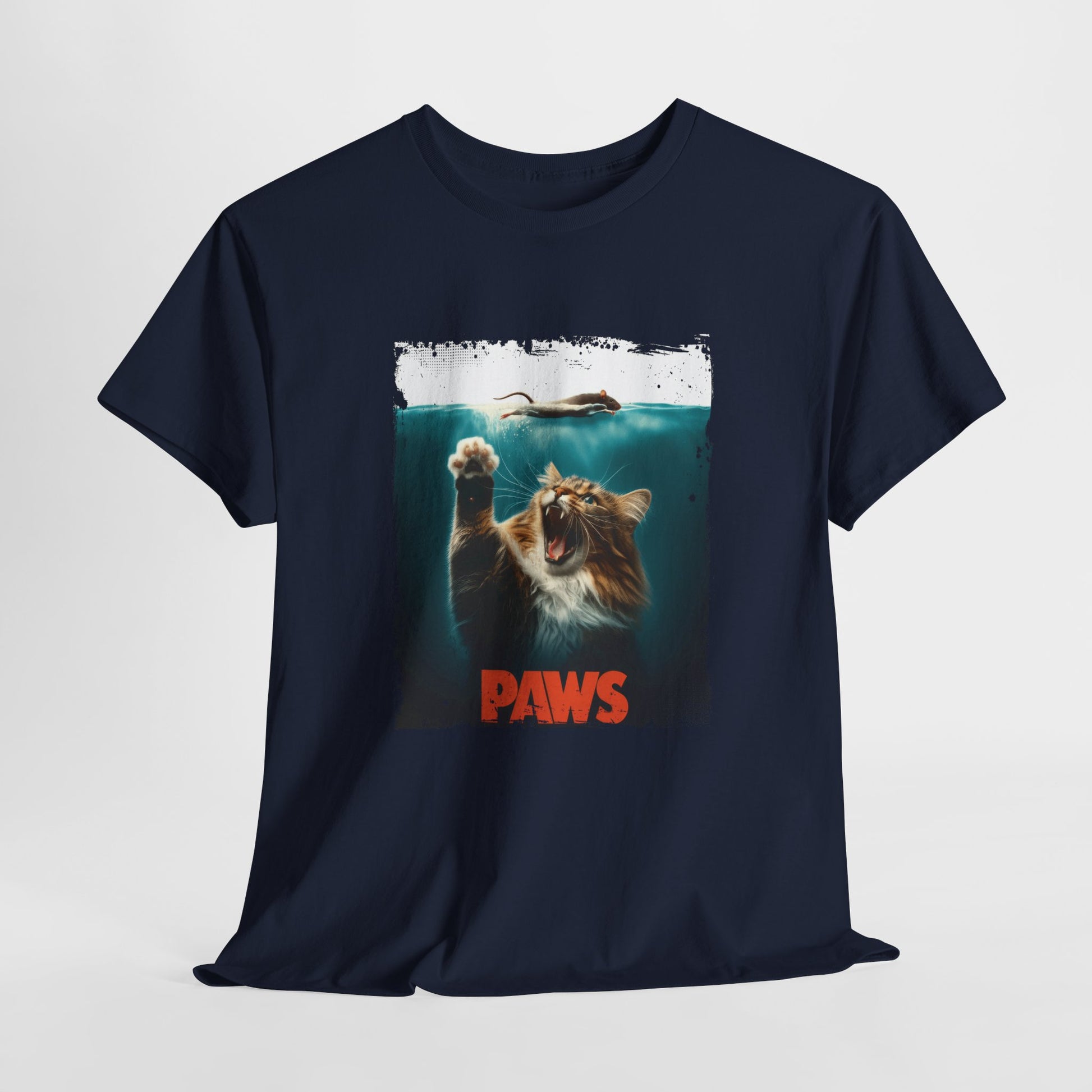 Front view of a navy blue T-shirt featuring a "Paws" parody of the movie Jaws with a cat underwater. Part of the Vivid Divergence Sensory Friendly Unisex Tees Range.
