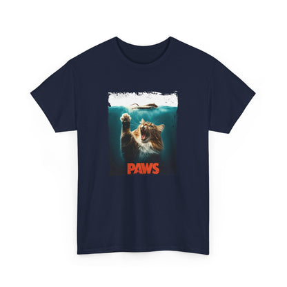 Navy blue T-shirt featuring a "Paws" parody of the movie Jaws with a cat underwater, shown hanging on a display. Part of the Vivid Divergence Sensory Friendly Unisex Tees Range.