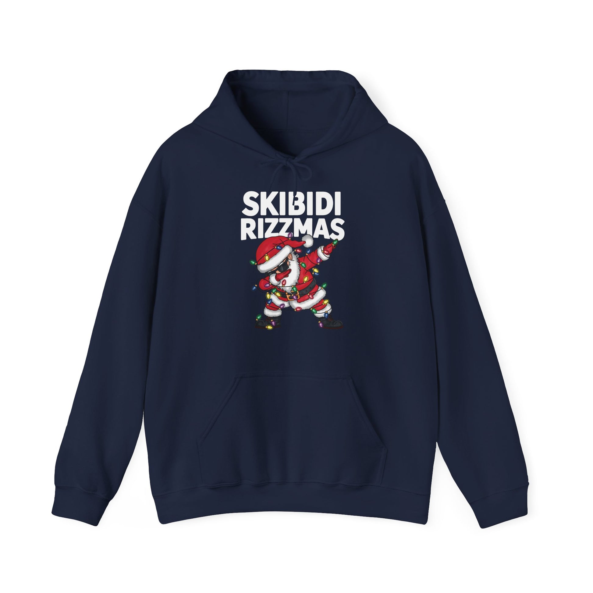 Navy blue hoodie with a dabbing Santa and "Skibidi Rizzmas" text, displayed from the back. Part of the Vivid Divergence Sensory Friendly Unisex Hoodies Range.