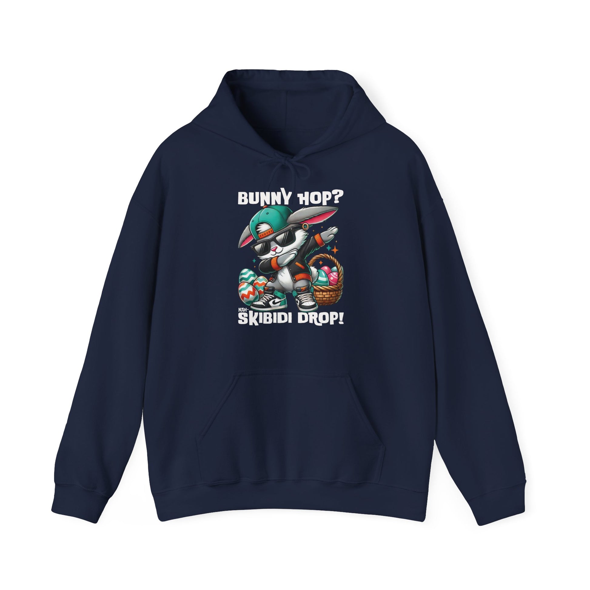 Front view of navy hoodie featuring Dabbing Bunny Hop Skibidi Drop meme. Part of the Vivid Divergence Sensory Friendly Unisex Hoodies Range.
