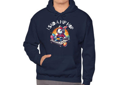 Man in navy hoodie with colorful Easter-themed hip hop design. Part of the Vivid Divergence Sensory Friendly Unisex Hoodies Range.