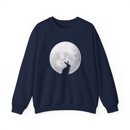 Front view of navy sweater jumper featuring Easter bunny silhouette and moon graphic. Part of the Vivid Divergence Sensory Friendly Unisex Sweater Jumper Range.
