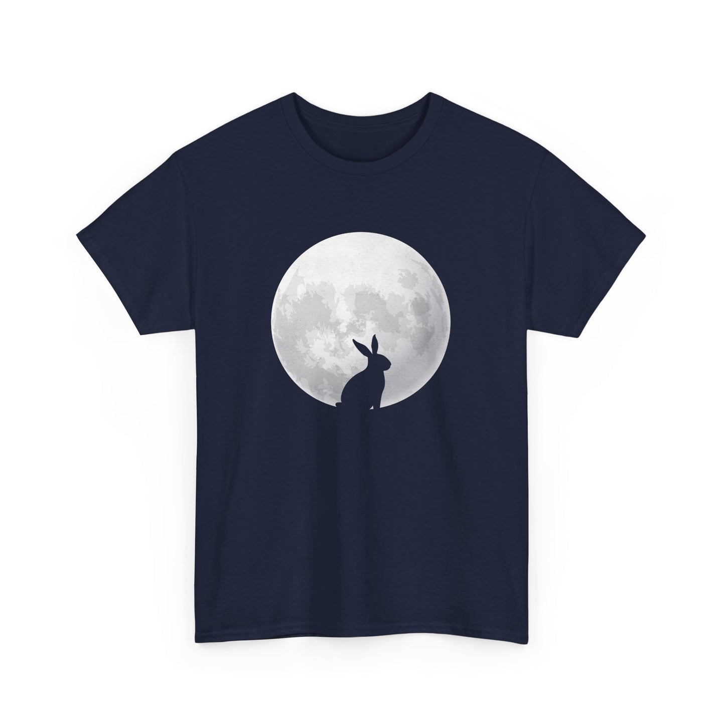 Navy blue Easter T-shirt showcasing a silhouette of a rabbit against a glowing full moon, a dreamy and celestial holiday choice. Hop into the season in style and shop Easter shirts online today!