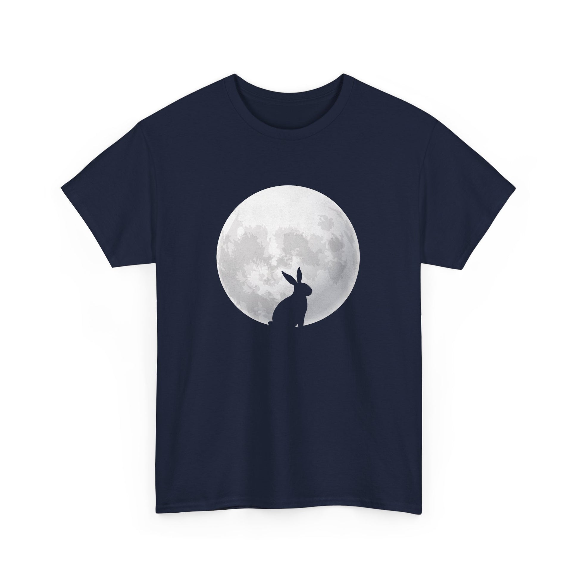 Navy blue Easter T-shirt showcasing a silhouette of a rabbit against a glowing full moon, a dreamy and celestial holiday choice. Hop into the season in style and shop Easter shirts online today!