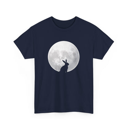 Navy blue Easter T-shirt showcasing a silhouette of a rabbit against a glowing full moon, a dreamy and celestial holiday choice. Hop into the season in style and shop Easter shirts online today!