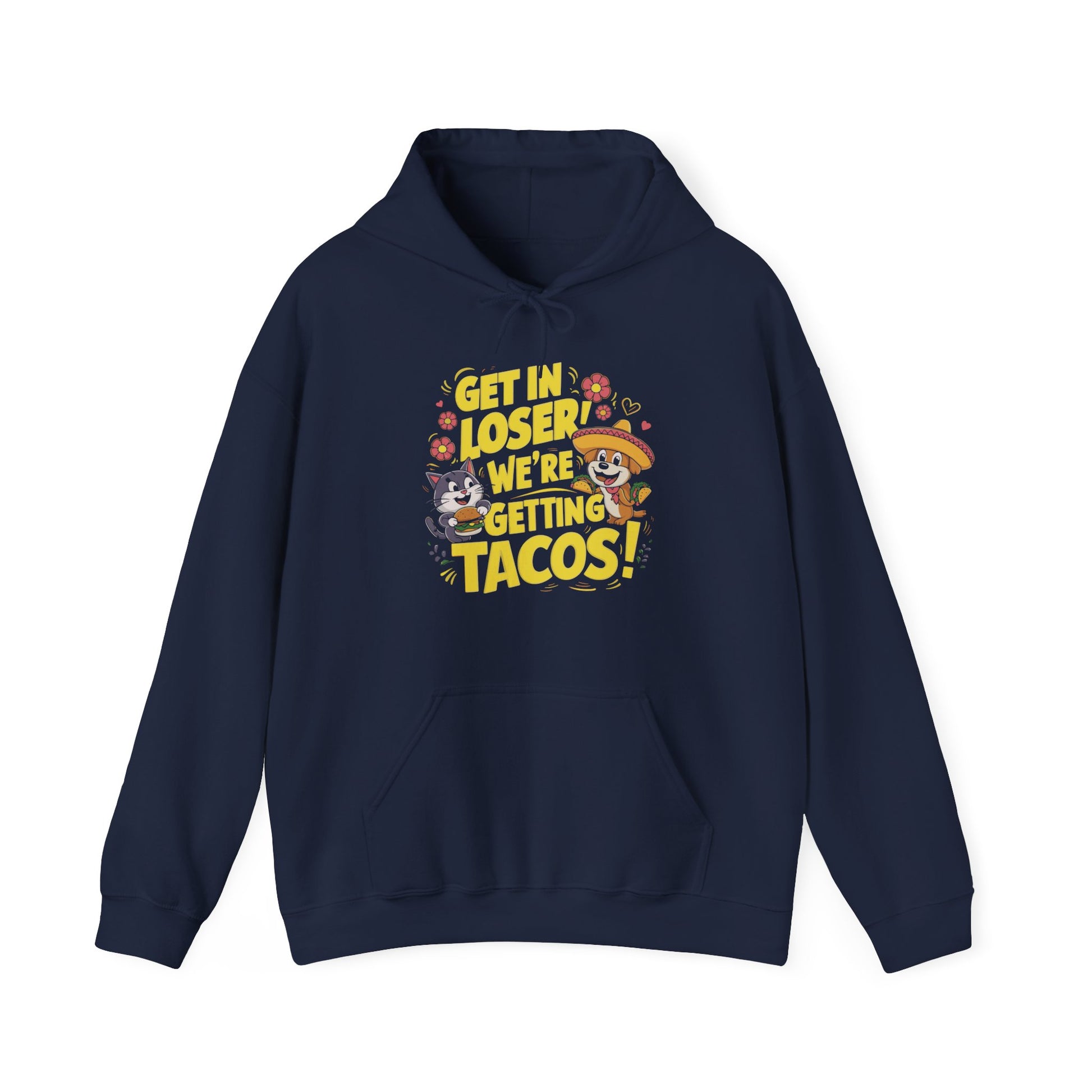 Front view of a navy blue hoodie featuring colorful cartoon animals and the text "Get in Loser, We're Getting Tacos!" in bold yellow letters. Part of the Vivid Divergence Sensory Friendly Unisex Hoodie Range.