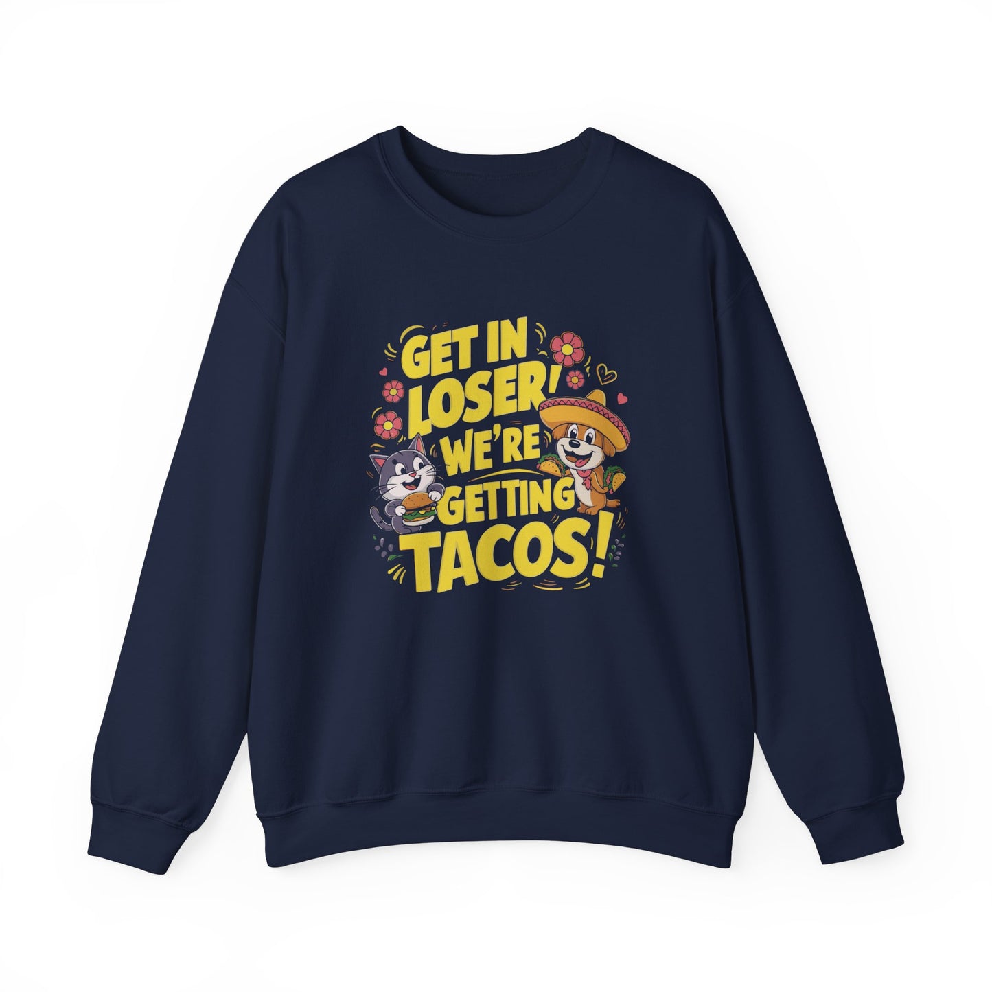 Front view of a navy blue sweatshirt featuring colorful cartoon animals and the text "Get in Loser, We're Getting Tacos!" in bold yellow letters. Part of the Vivid Divergence Sensory Friendly Unisex Sweater Jumper Range.