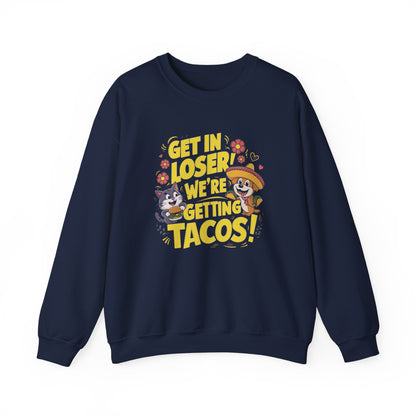 Front view of a navy blue sweatshirt featuring colorful cartoon animals and the text "Get in Loser, We're Getting Tacos!" in bold yellow letters. Part of the Vivid Divergence Sensory Friendly Unisex Sweater Jumper Range.