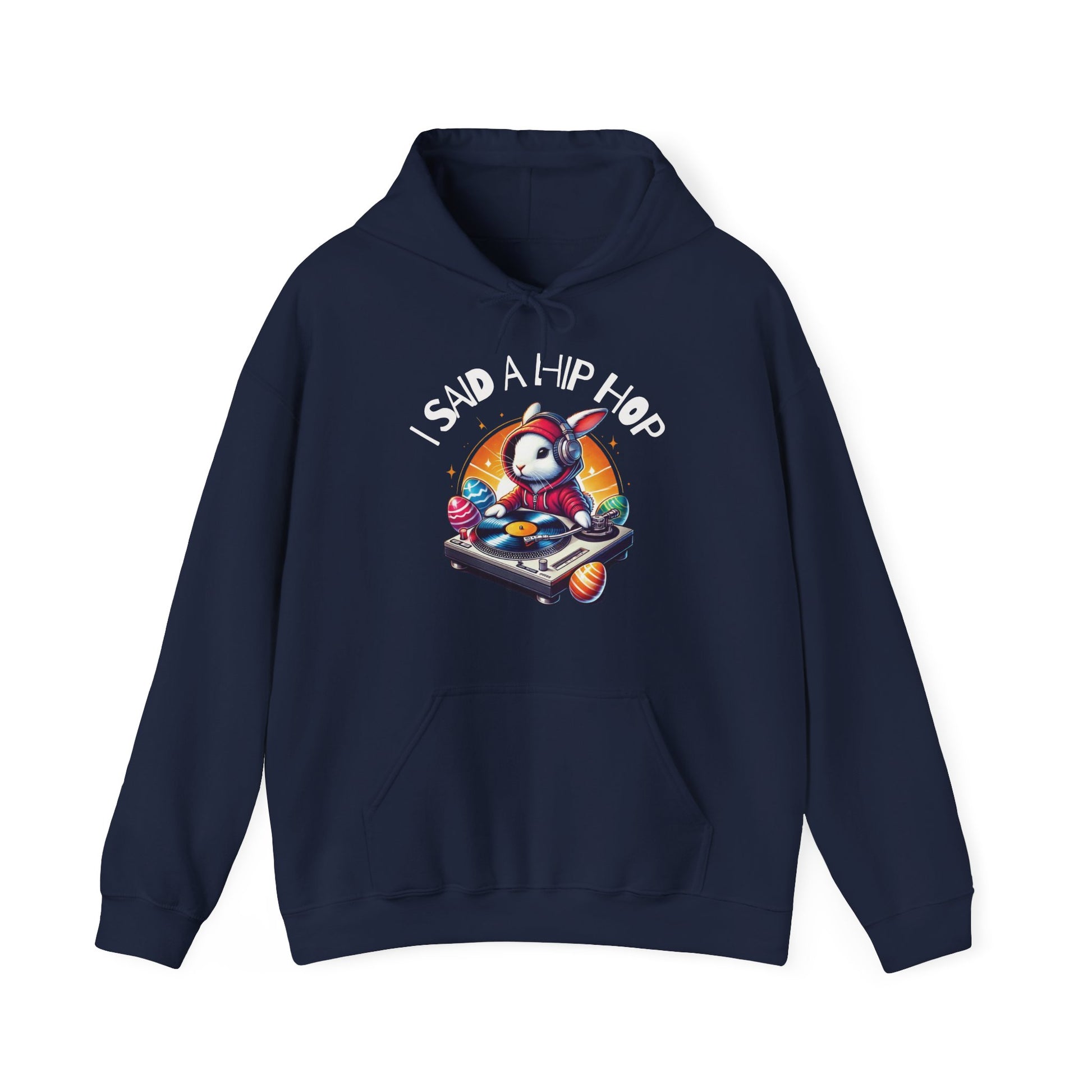 Front view of navy hoodie with festive Easter hip hop graphic. Part of the Vivid Divergence Sensory Friendly Unisex Hoodies Range.