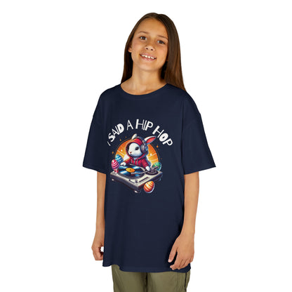 Child wearing a navy blue Easter T-shirt with a hip-hop bunny and "I Said A Hip Hop" text, perfect for music lovers. Hop into the season in style and shop Easter shirts online today!