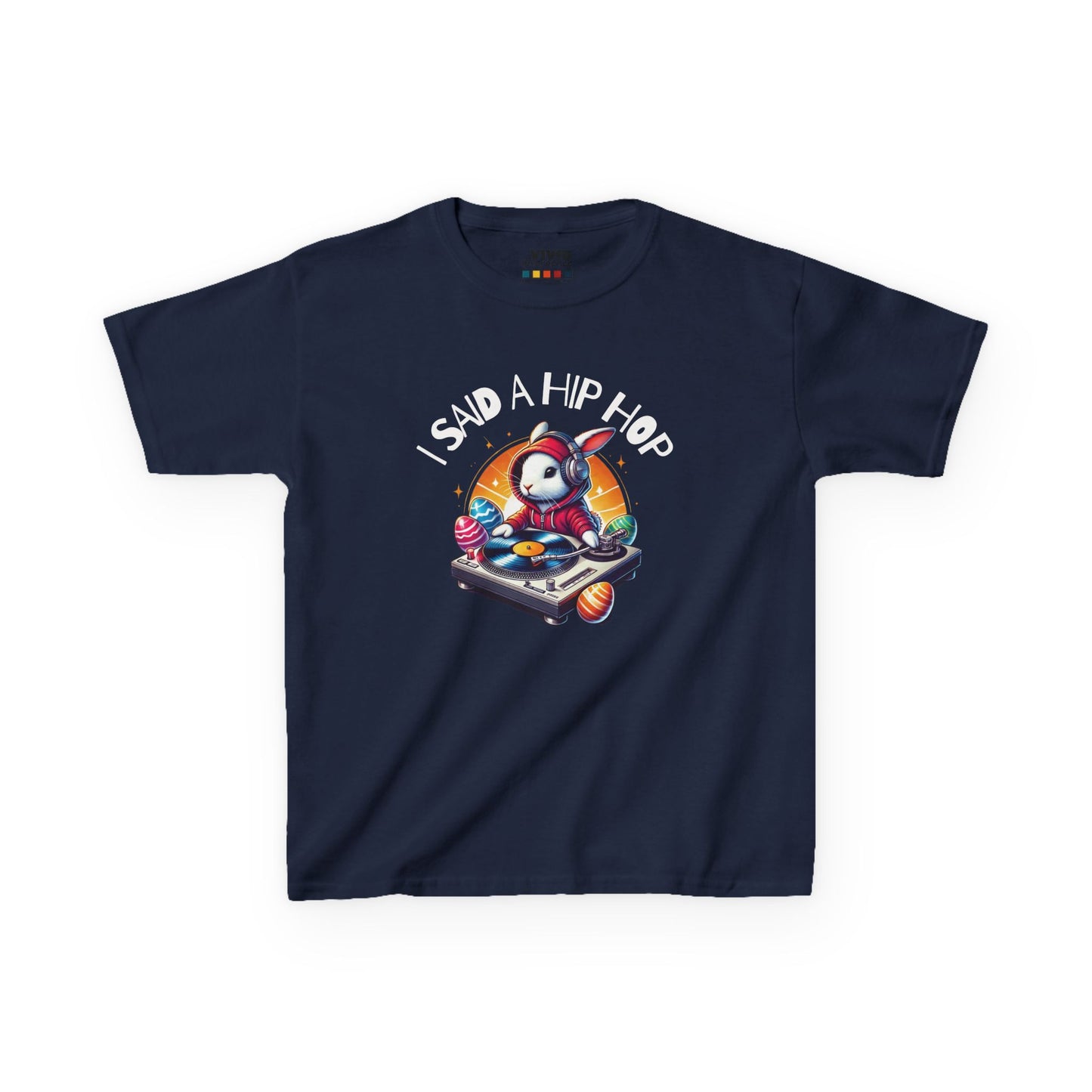 Navy blue kids' T-shirt showcasing a funky Easter bunny rapping with "I Said A Hip Hop" text, bringing ‘70s vibes to Easter. Hop into the season in style and shop Easter shirts online today!