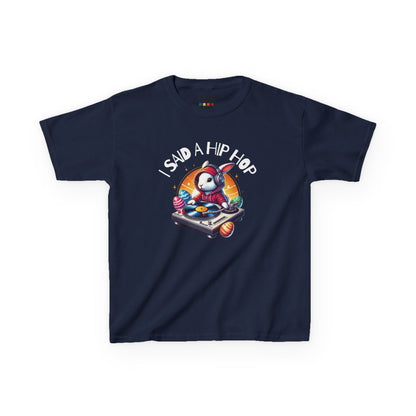 Navy blue kids' T-shirt showcasing a funky Easter bunny rapping with "I Said A Hip Hop" text, bringing ‘70s vibes to Easter. Hop into the season in style and shop Easter shirts online today!