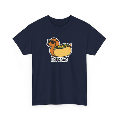 Front view of a navy T-shirt featuring a "Hot Dawg" design with a cartoon dachshund inside a hot dog bun wearing sunglasses. Part of the Vivid Divergence Sensory Friendly Unisex Tees Range.
