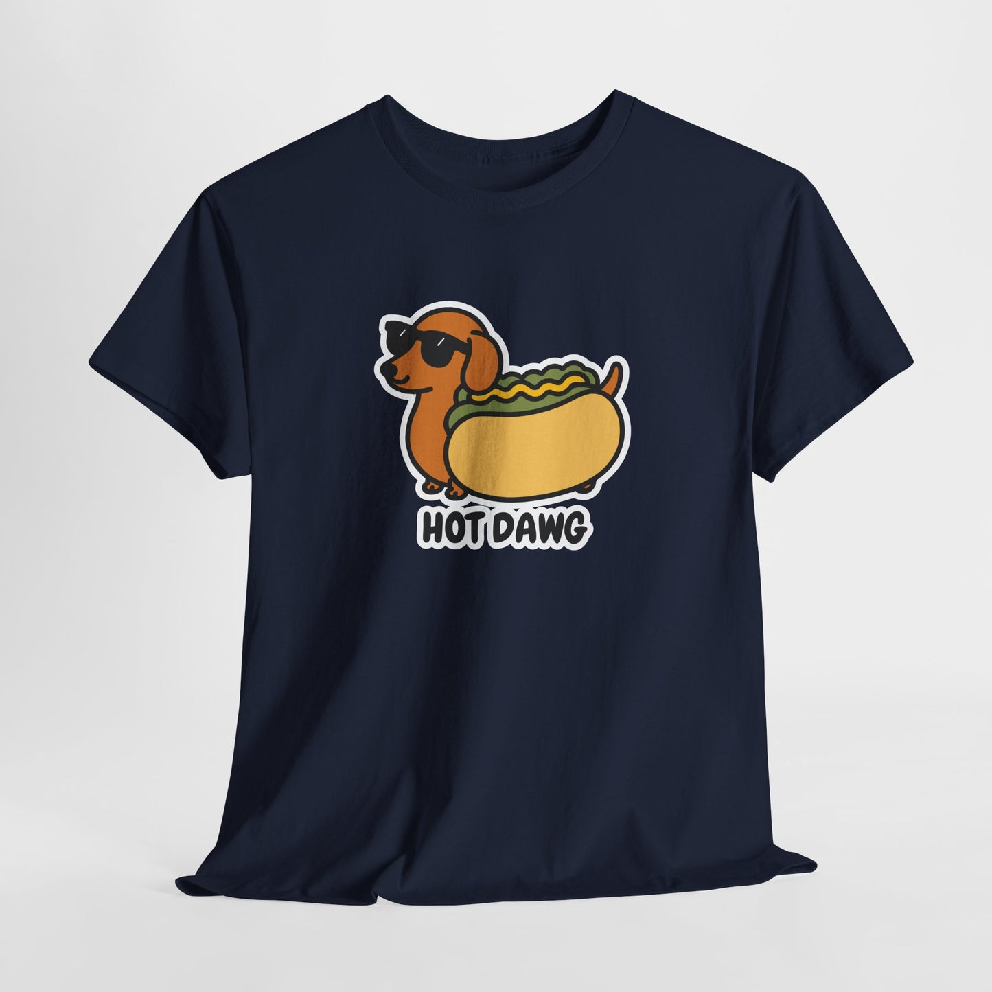 Hanging navy T-shirt featuring a "Hot Dawg" design with a cartoon dachshund inside a hot dog bun wearing sunglasses. Part of the Vivid Divergence Sensory Friendly Unisex Tees Range.