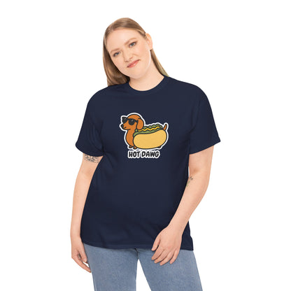 Model wearing a navy T-shirt featuring a "Hot Dawg" design with a cartoon dachshund inside a hot dog bun wearing sunglasses. Part of the Vivid Divergence Sensory Friendly Unisex Tees Range.