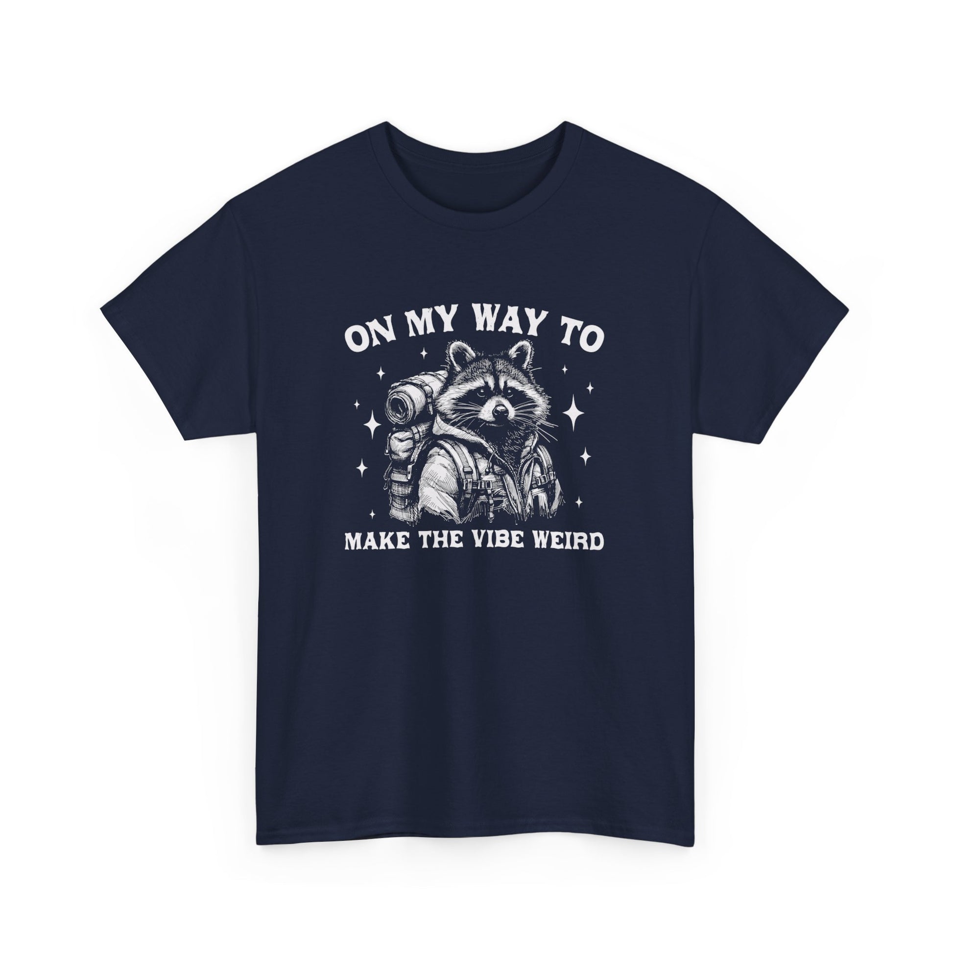 Front view of a navy T-shirt with "On My Way to Make the Vibe Weird" and a raccoon graphic in white text. Part of the Vivid Divergence Sensory Friendly Unisex Tees Range.