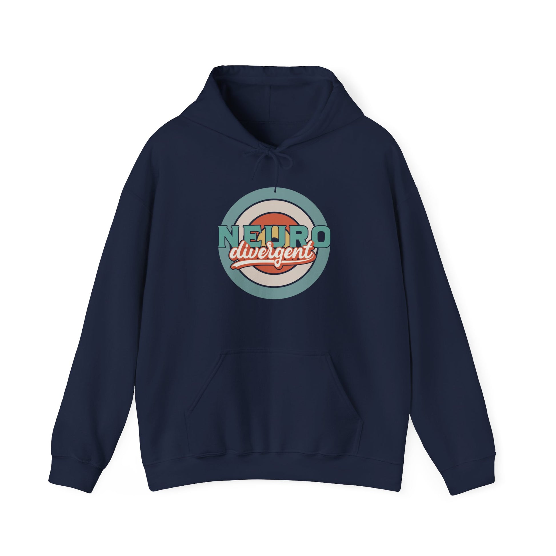 Front view of a navy blue hoodie featuring a retro-style circular target design with the word "Neurodivergent" in bold lettering. Part of the Vivid Divergence Sensory Friendly Unisex Hoodie Range.