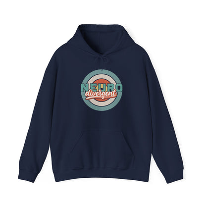 Front view of a navy blue hoodie featuring a retro-style circular target design with the word "Neurodivergent" in bold lettering. Part of the Vivid Divergence Sensory Friendly Unisex Hoodie Range.