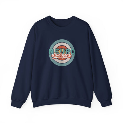Front view of a navy blue sweatshirt featuring a retro-style circular target design with the word "Neurodivergent" in bold lettering. Part of the Vivid Divergence Sensory Friendly Unisex Sweater Jumper Range.
