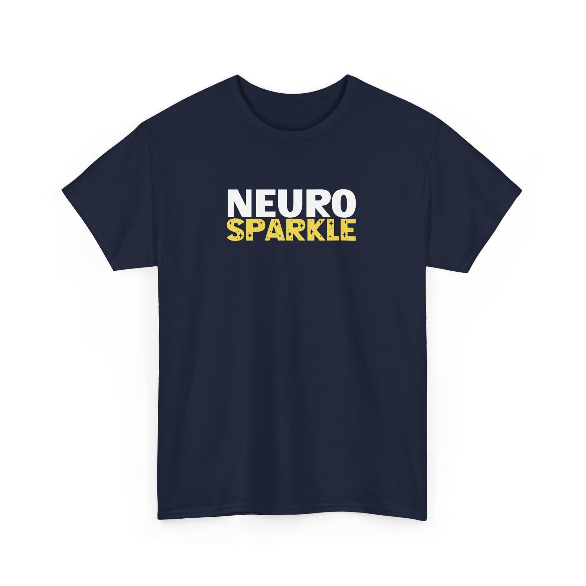 Front view of a navy T-shirt with "Neurosparkle" in bold white and yellow text. Part of the Vivid Divergence Sensory Friendly Unisex Tees Range.