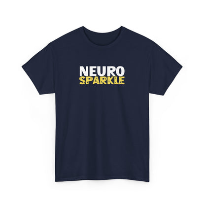 Front view of a navy T-shirt with "Neurosparkle" in bold white and yellow text. Part of the Vivid Divergence Sensory Friendly Unisex Tees Range.