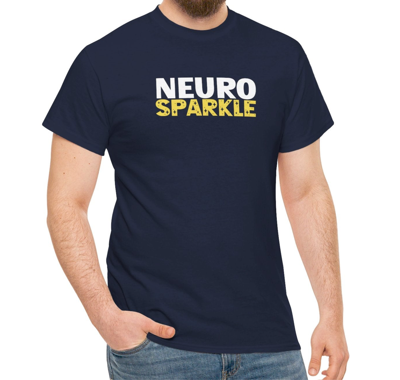 Model wearing a navy T-shirt with "Neurosparkle" in bold white and yellow text. Part of the Vivid Divergence Sensory Friendly Unisex Tees Range.