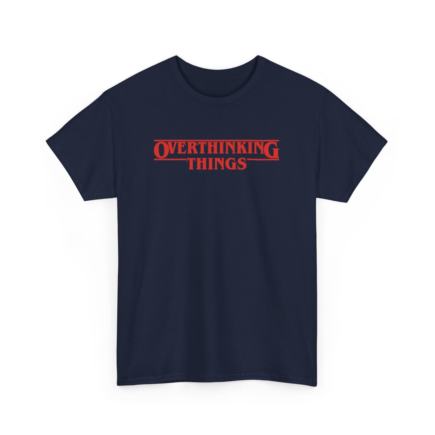 Front view of a navy T-shirt with "Overthinking Things" in red text, parodying Stranger Things. Part of the Vivid Divergence Sensory Friendly Unisex Tees Range.