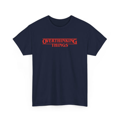 Front view of a navy T-shirt with "Overthinking Things" in red text, parodying Stranger Things. Part of the Vivid Divergence Sensory Friendly Unisex Tees Range.