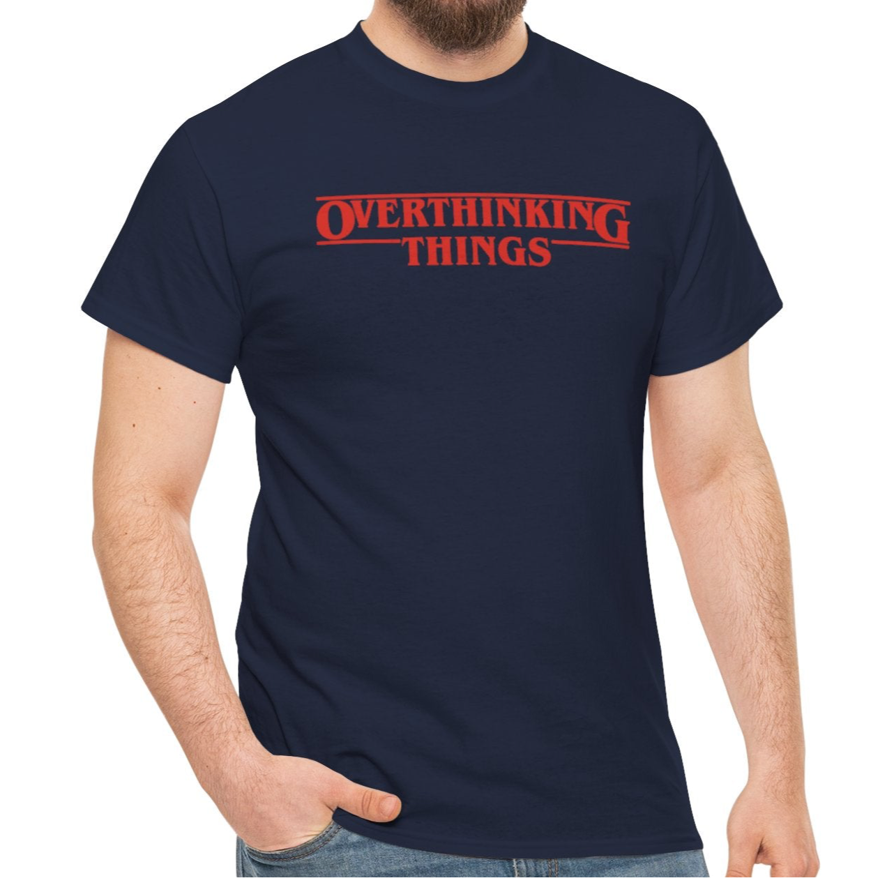 Model wearing a navy T-shirt with "Overthinking Things" in red text, parodying Stranger Things. Part of the Vivid Divergence Sensory Friendly Unisex Tees Range.