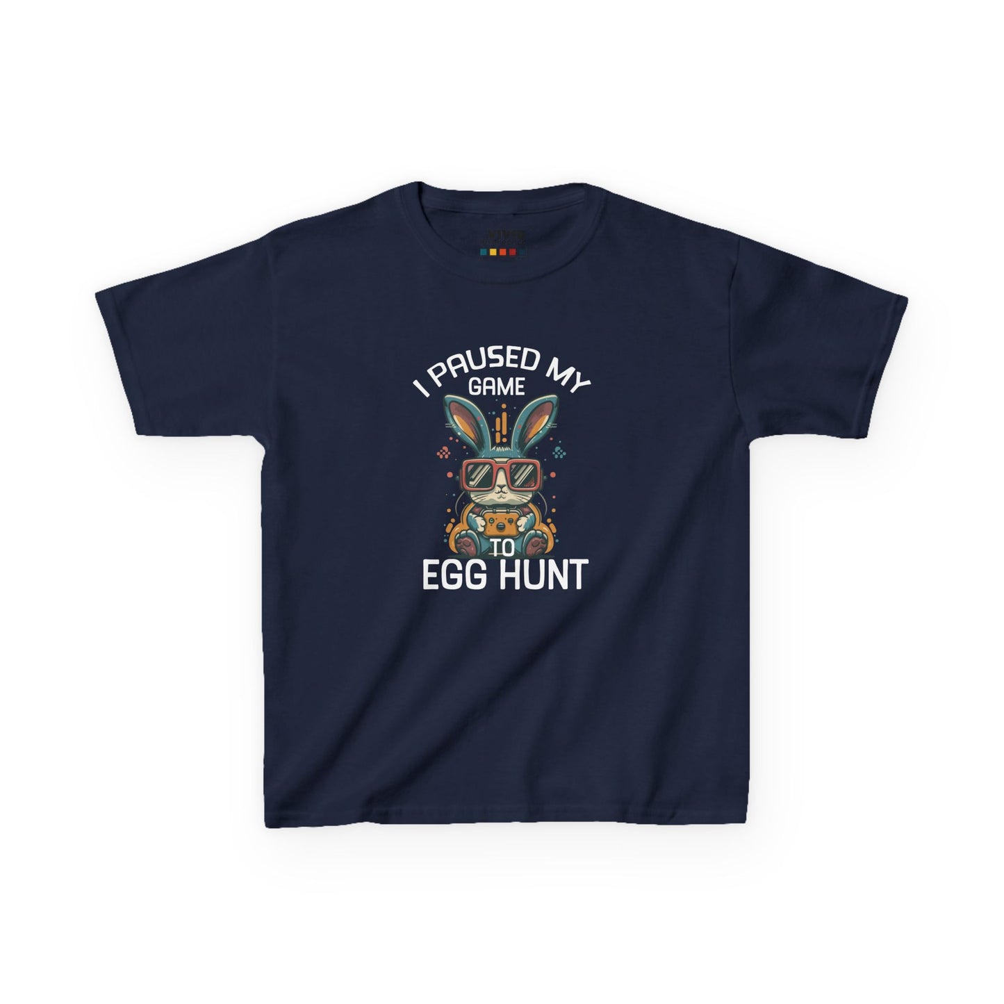 Navy blue kids' T-shirt showcasing "I Paused My Game to Egg Hunt" with a fun gaming-style bunny, a great Easter choice for gamers. Hop into the season in style and shop Easter shirts online today!