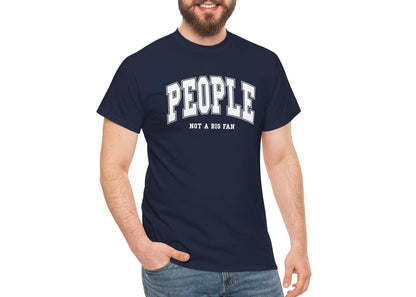 Model wearing a navy T-shirt with "People, Not a Big Fan" in bold white text. Part of the Vivid Divergence Sensory Friendly Unisex Tees Range.