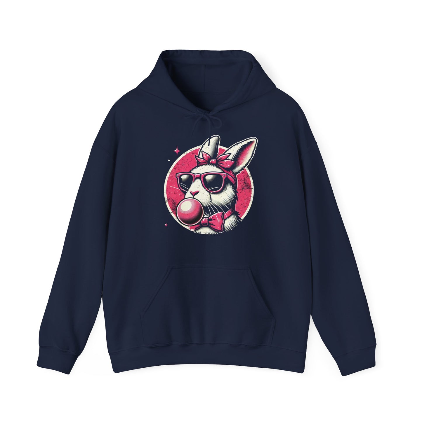 Front view of navy hoodie featuring bubblegum bunny with vintage pink background. Part of the Vivid Divergence Sensory Friendly Unisex Hoodies Range.