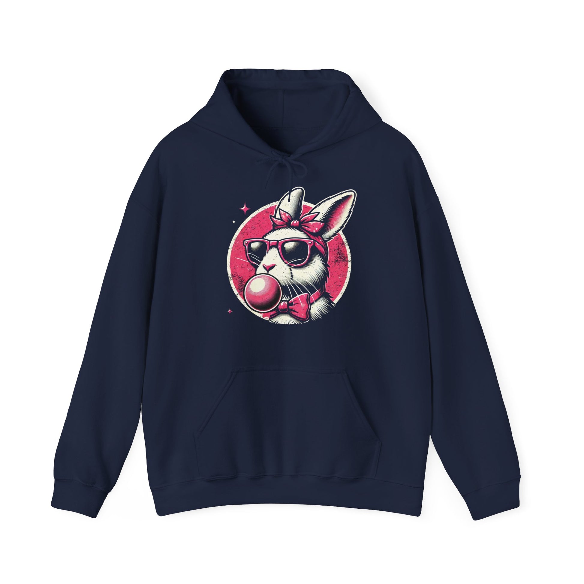 Front view of navy hoodie featuring bubblegum bunny with vintage pink background. Part of the Vivid Divergence Sensory Friendly Unisex Hoodies Range.